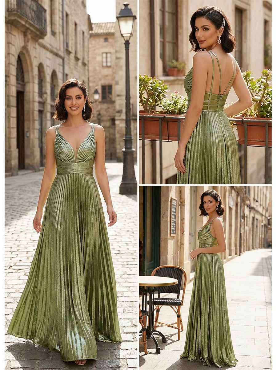 Metallic Olive Green Pleated A Line Long Prom Dress With V Neck
