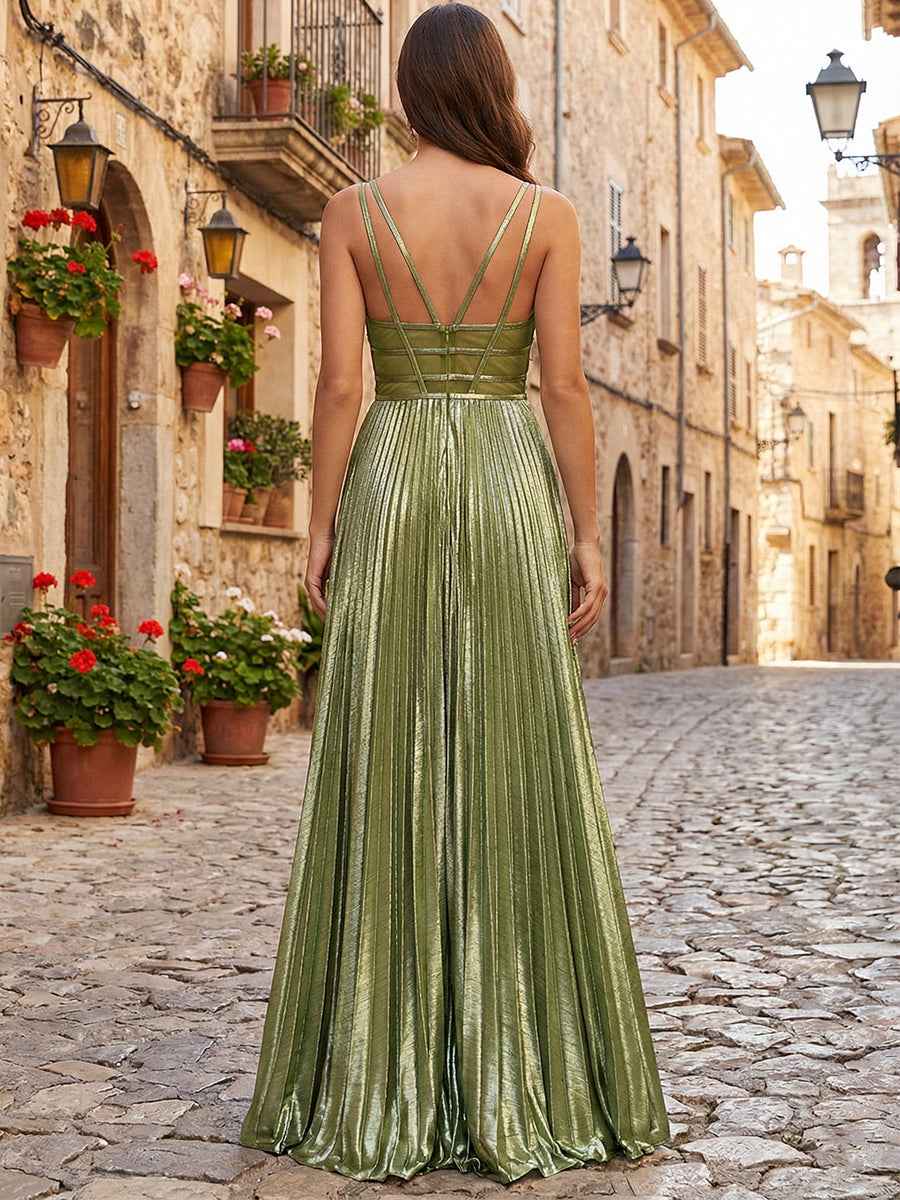 Metallic Olive Green Pleated A Line Long Prom Dress With V Neck
