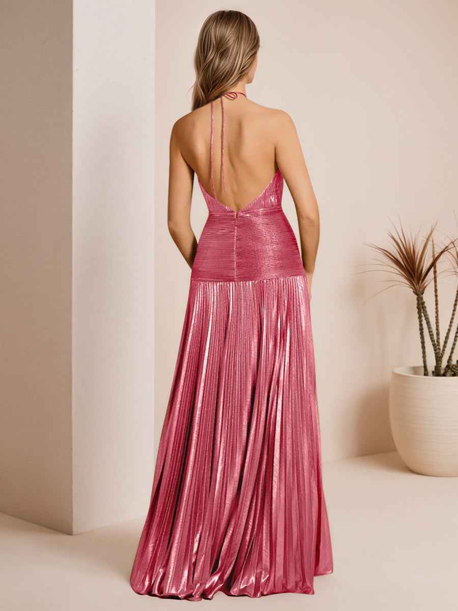 Metallic Olive Green Pleated Halter Prom Dress With High Slit