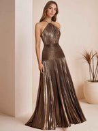 Metallic Olive Green Pleated Halter Prom Dress With High Slit