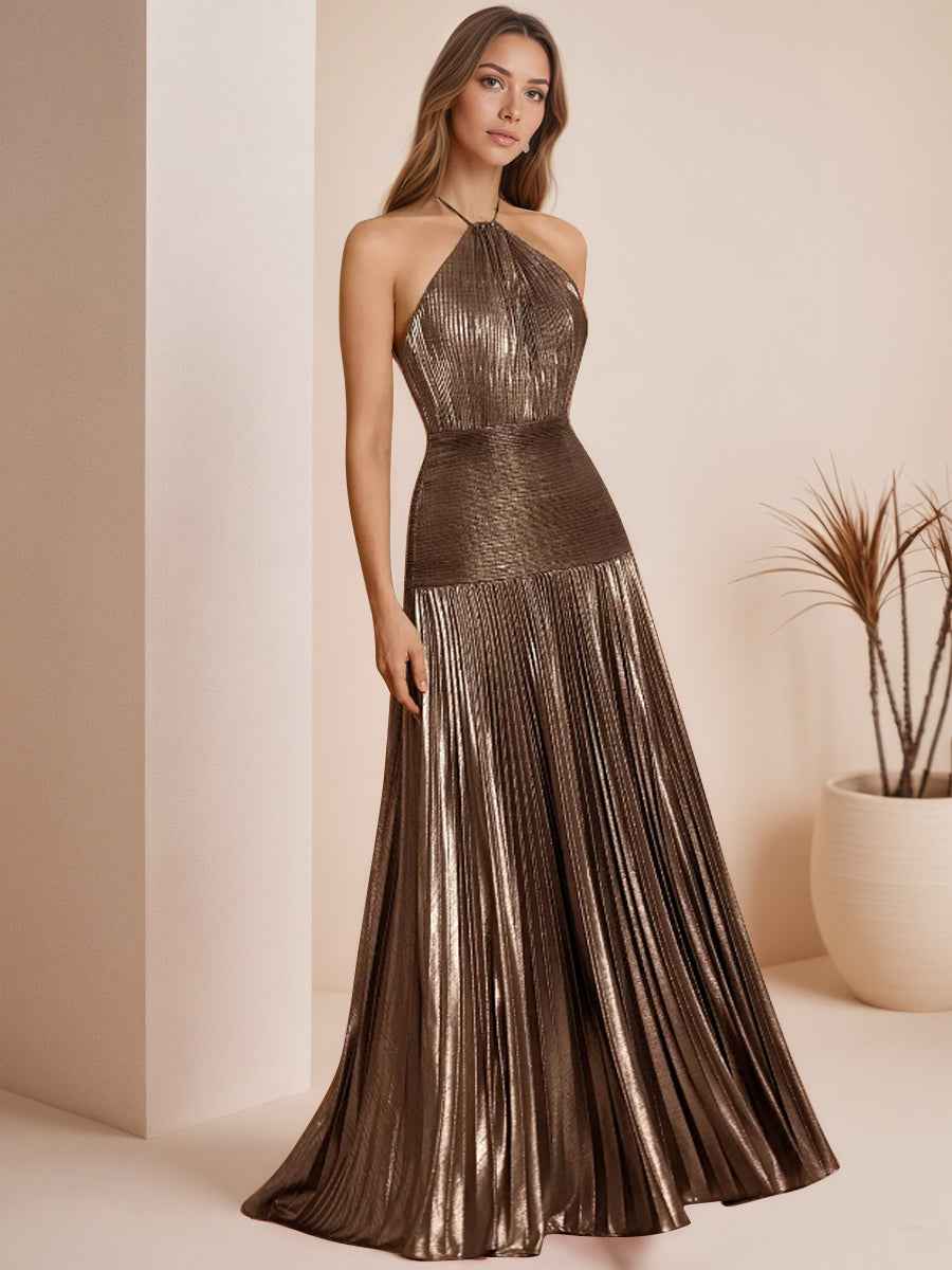 Metallic Olive Green Pleated Halter Prom Dress With High Slit