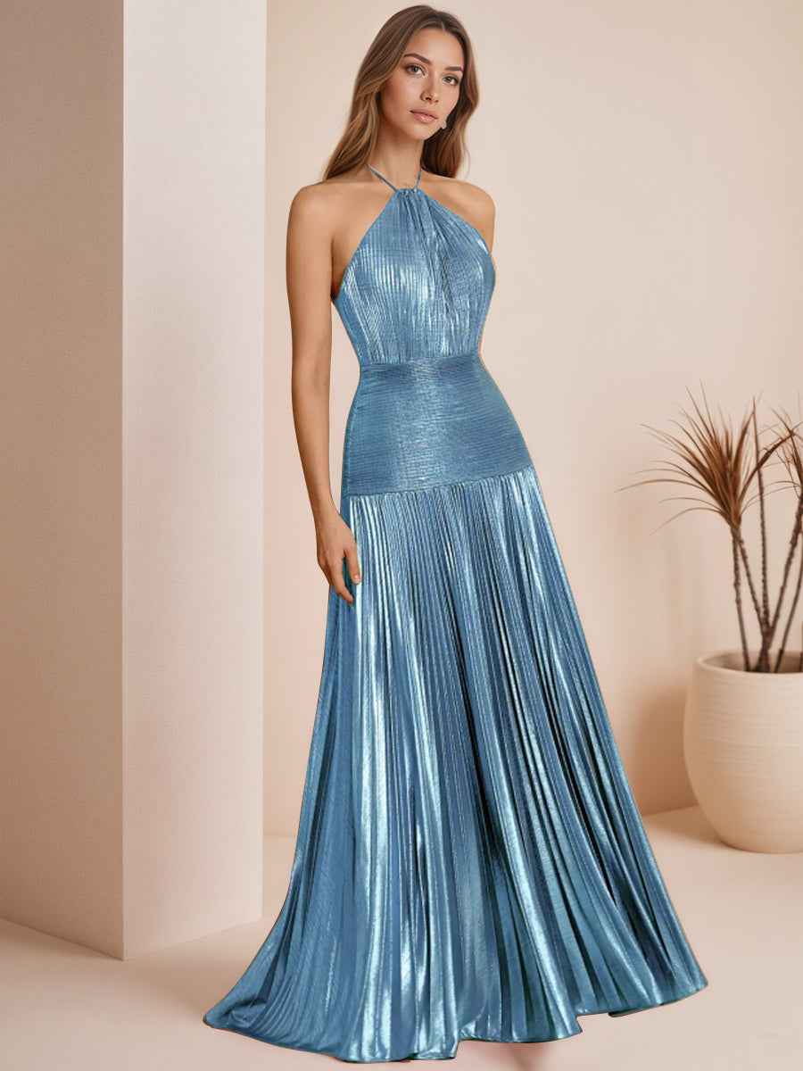 Metallic Olive Green Pleated Halter Prom Dress With High Slit