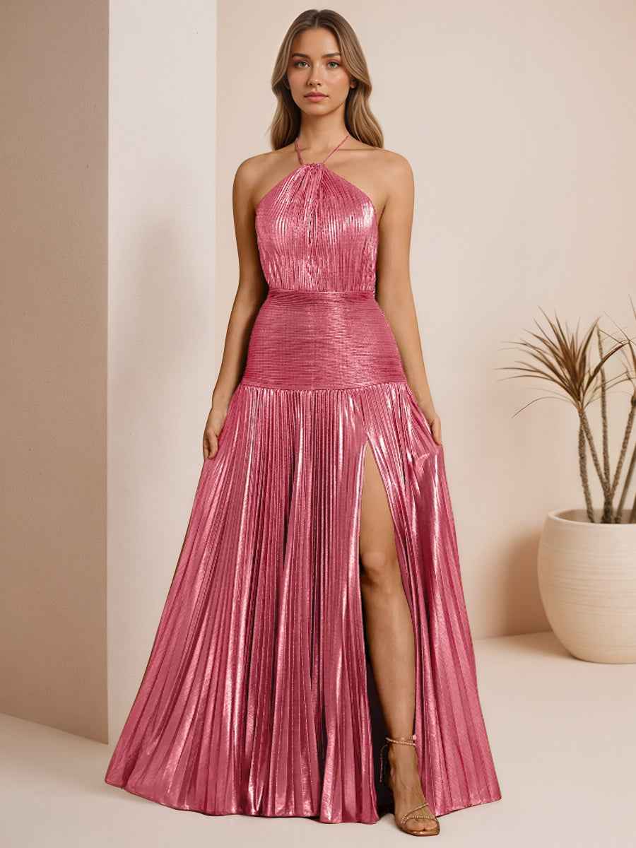 Metallic Olive Green Pleated Halter Prom Dress With High Slit