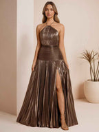 Metallic Olive Green Pleated Halter Prom Dress With High Slit