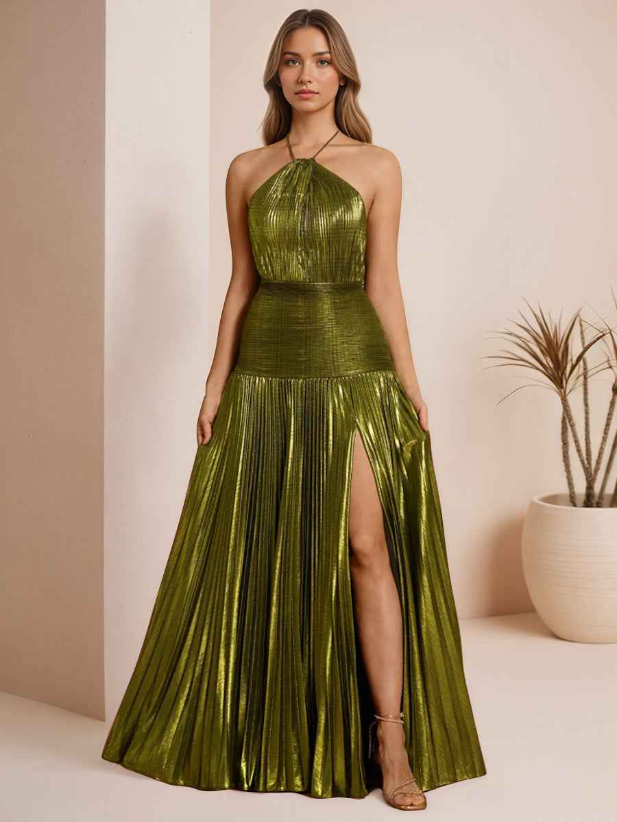 Metallic Olive Green Pleated Halter Prom Dress With High Slit