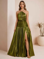 Metallic Olive Green Pleated Halter Prom Dress With High Slit