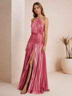 Metallic Olive Green Pleated Halter Prom Dress With High Slit