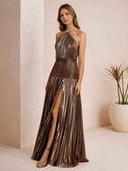 Metallic Olive Green Pleated Halter Prom Dress With High Slit
