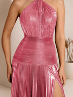 Metallic Olive Green Pleated Halter Prom Dress With High Slit