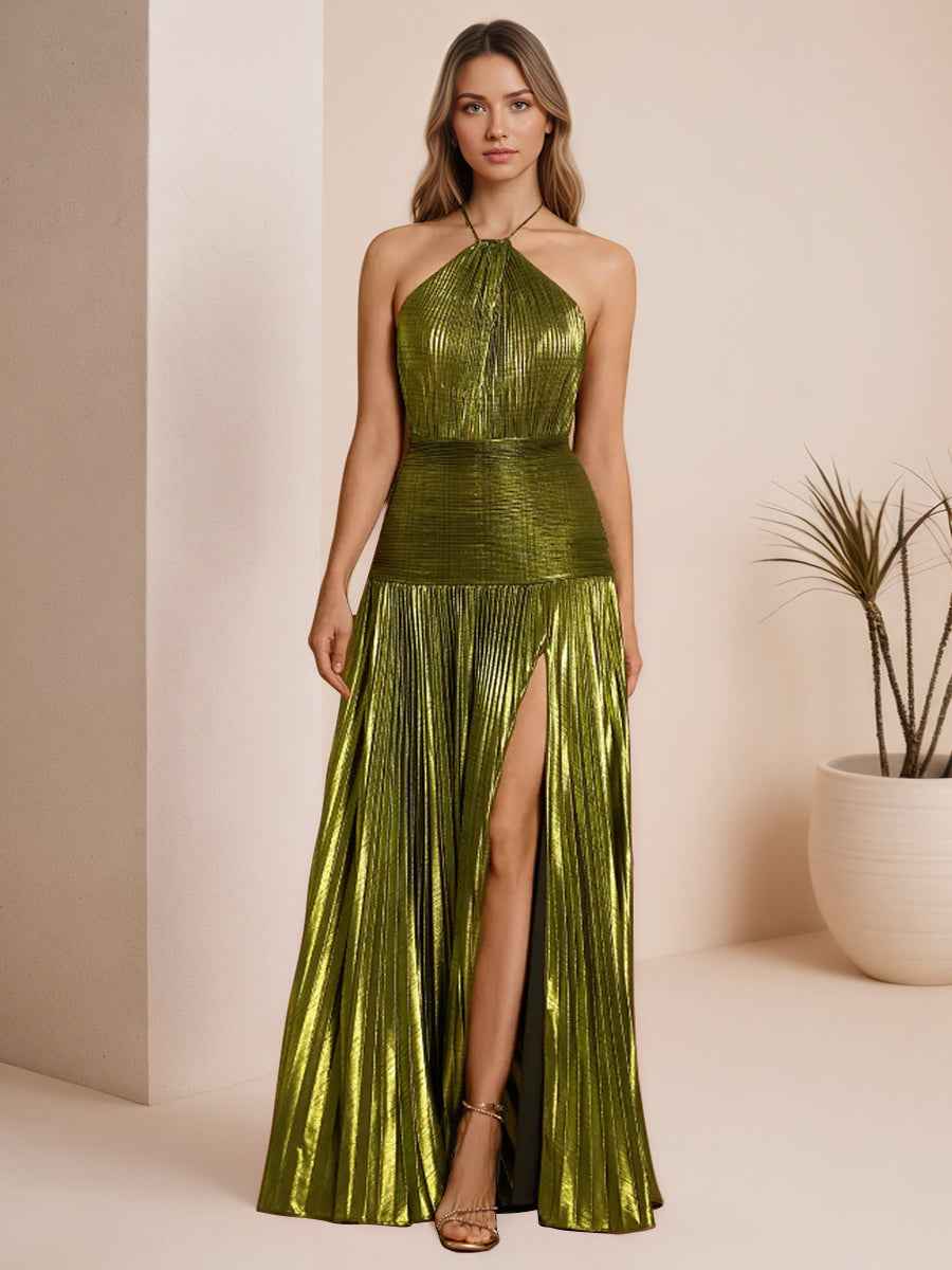 Metallic Olive Green Pleated Halter Prom Dress With High Slit