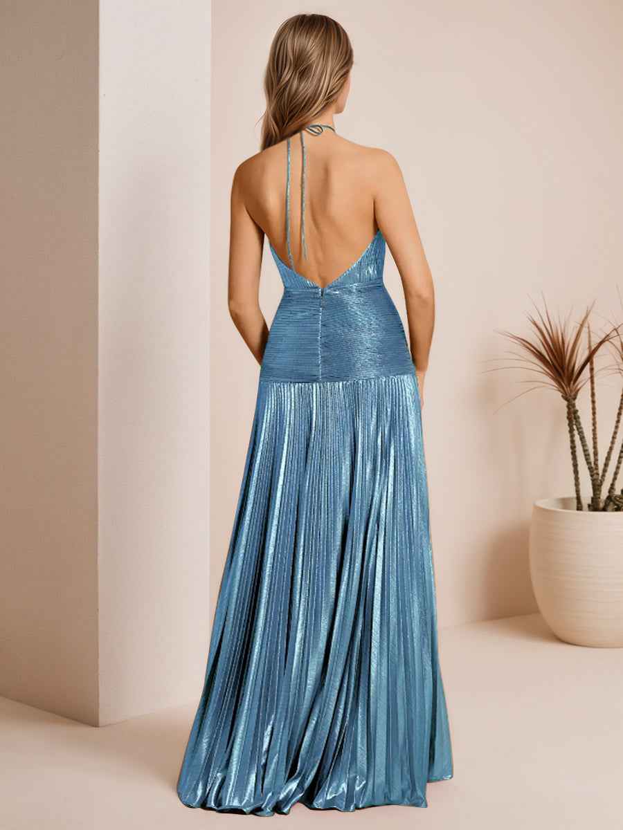 Metallic Olive Green Pleated Halter Prom Dress With High Slit