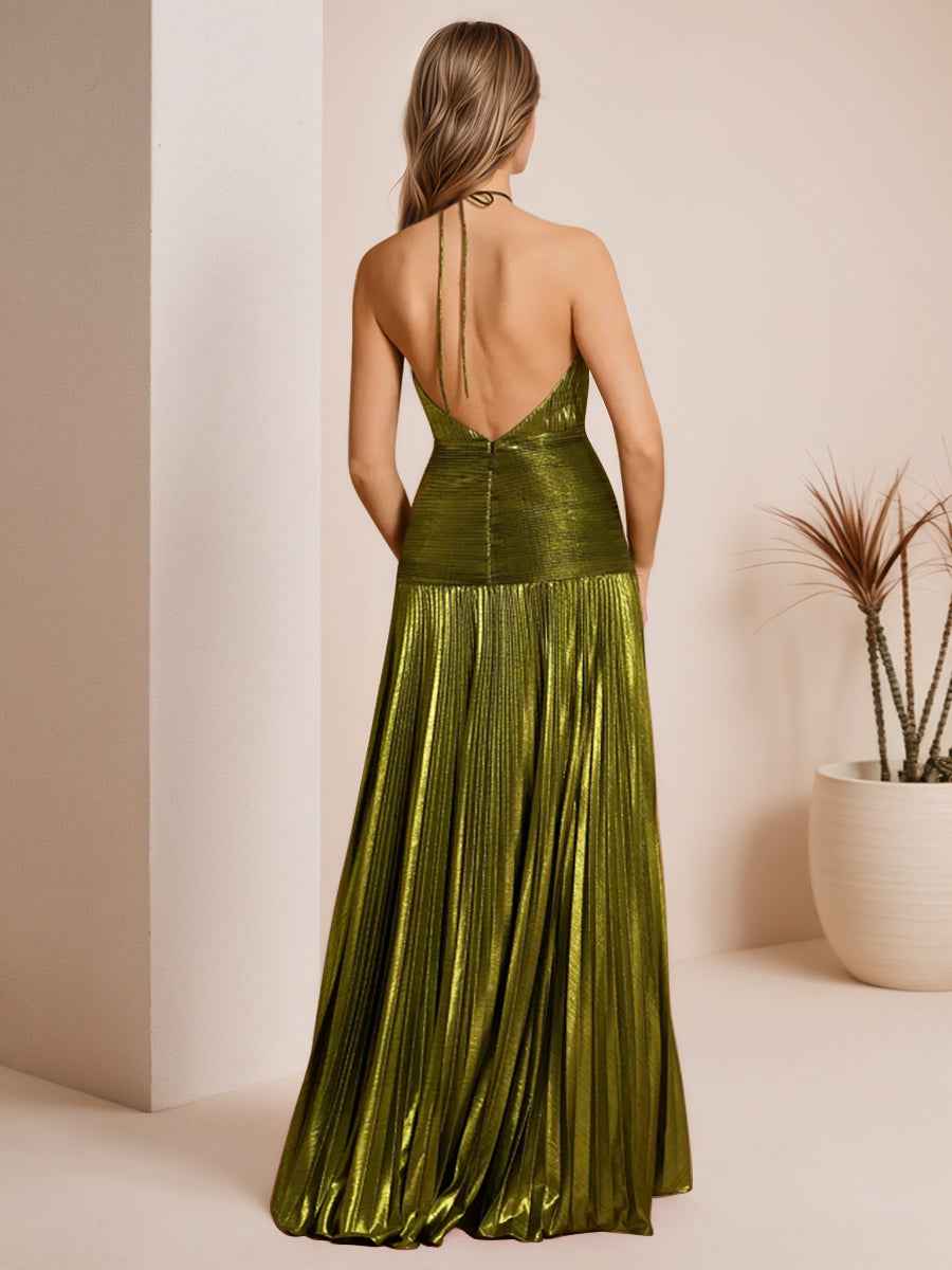 Metallic Olive Green Pleated Halter Prom Dress With High Slit