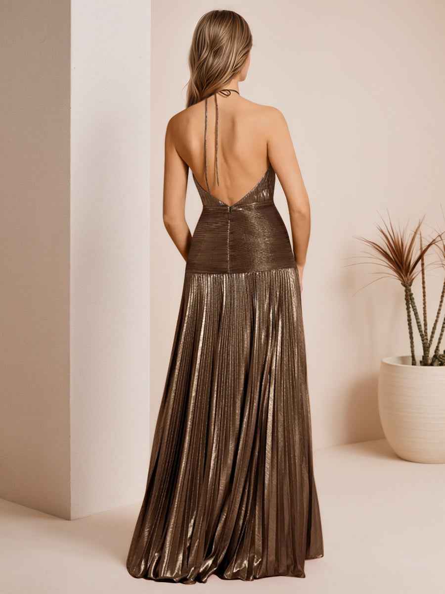 Metallic Olive Green Pleated Halter Prom Dress With High Slit