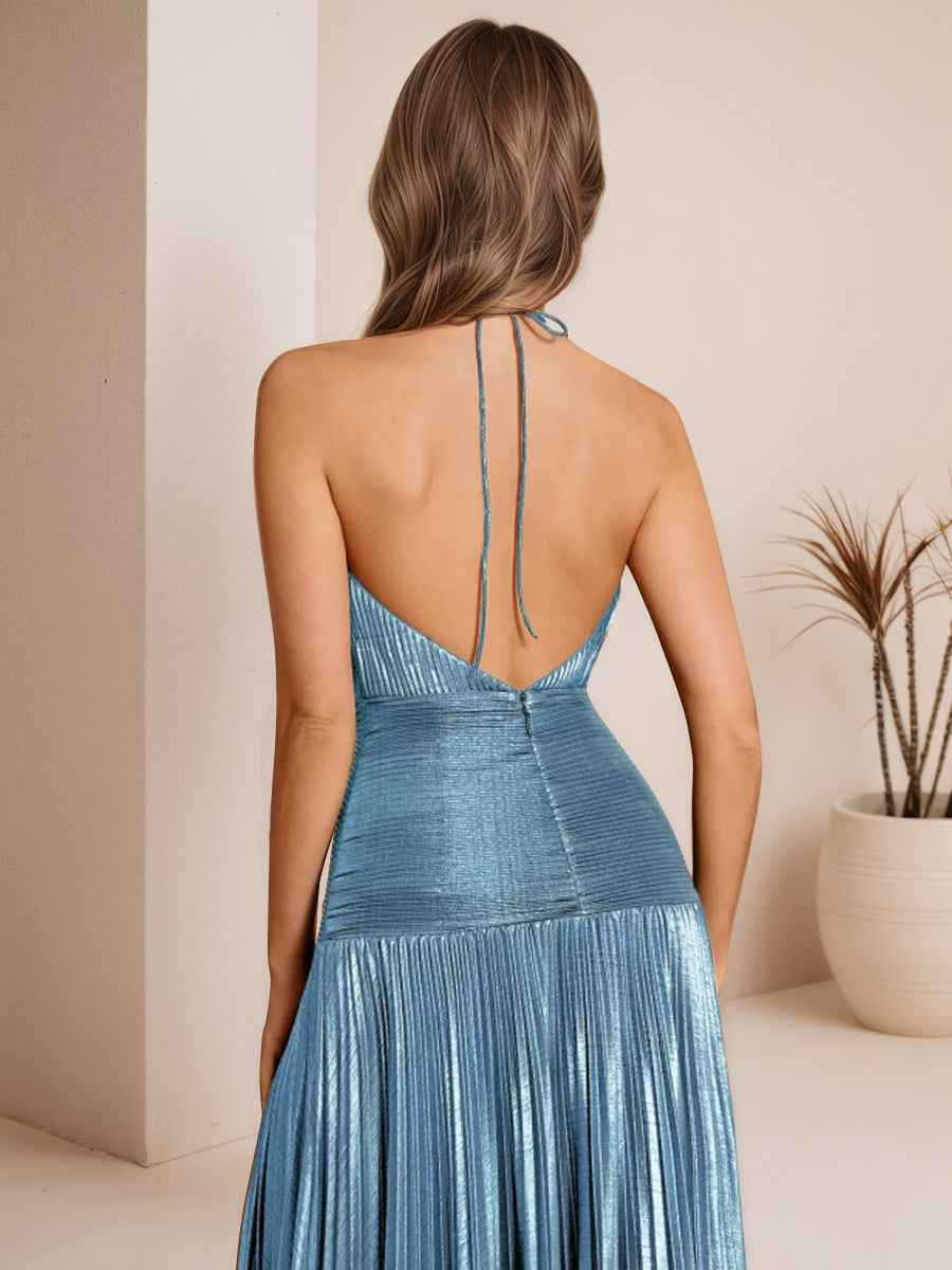 Metallic Olive Green Pleated Halter Prom Dress With High Slit
