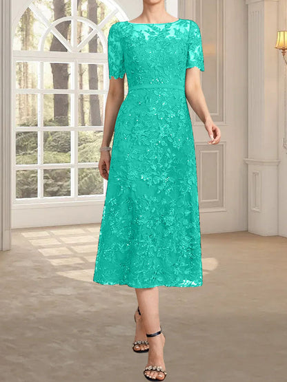 A-Linie, U-Ausschnitt, Illusion, knielang, Spitze, Kleid für die Brautmutter mit Pailletten