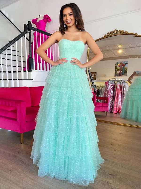 Mint Green Strapless Tiered Tulle A Line Prom Gown Ball