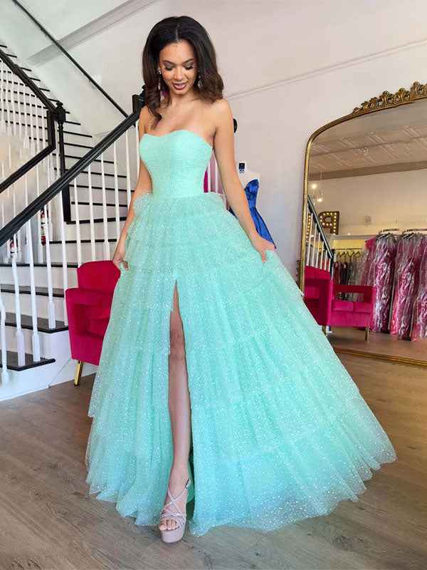 Mint Green Strapless Tiered Tulle A Line Prom Gown Ball