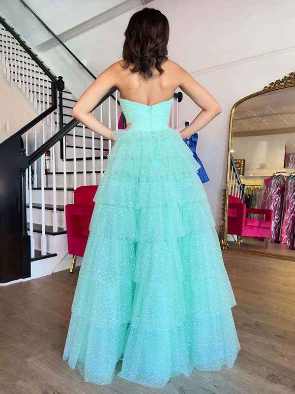 Mint Green Strapless Tiered Tulle A Line Prom Gown Ball