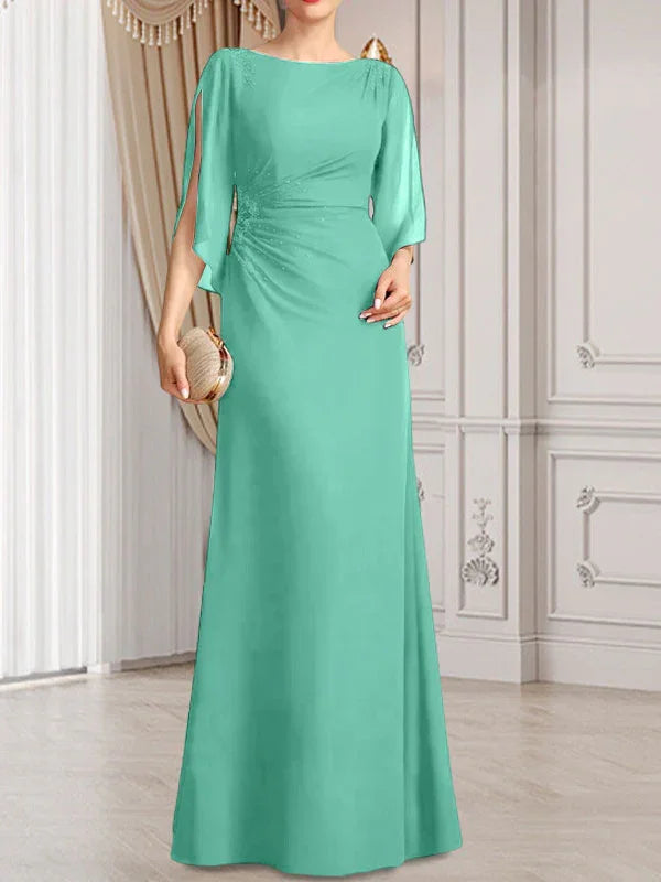 Vestido de madrina de novia de gasa largo hasta el suelo con corte columna y fajín plisado con cuentas