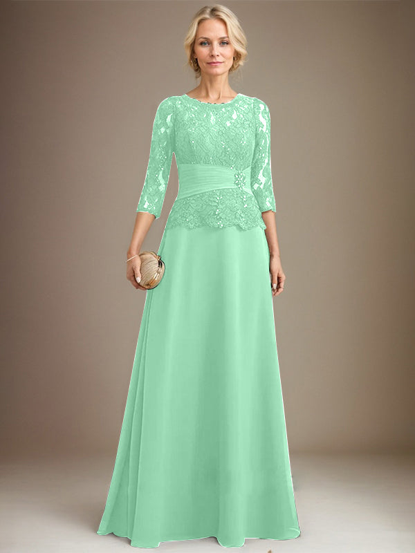 A-line Scoop Illusion Floor-Length Chiffon Lace Mother of the Bride Dress With Pleated Sequins Beading
