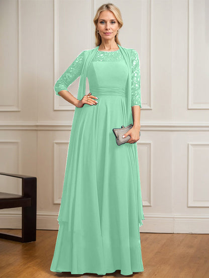 A-Linie U-Ausschnitt Illusion Bodenlang Spitze Chiffon Mutter der Braut Kleid Mit Plissee 