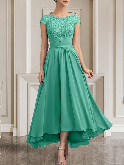 A-Linie U-Ausschnitt Bodenlang Spitzen-Chiffon-Kleid für die Brautmutter mit Pailletten