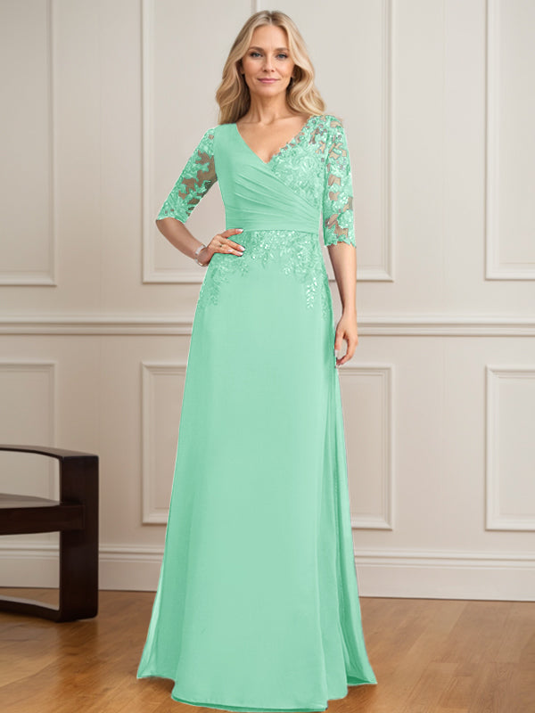 A-Linie, V-Ausschnitt, bodenlanges Spitzen-Chiffon-Kleid für die Brautmutter mit plissierten Pailletten 