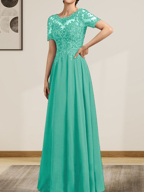 A-Linie U-Ausschnitt Illusion Bodenlang Chiffon Spitze Mutter der Braut Kleid mit Pailletten Perlen