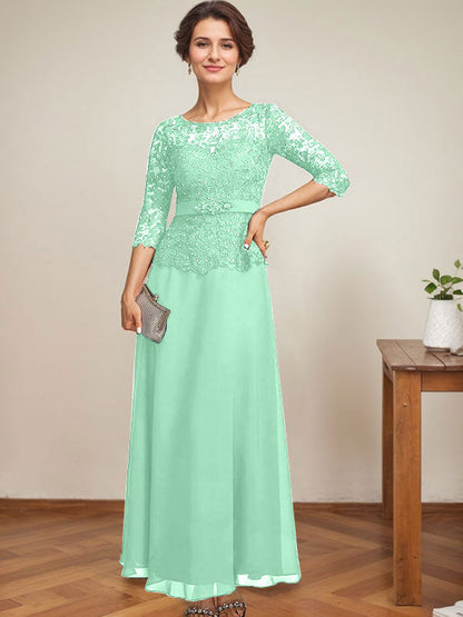 A-Linie, U-Ausschnitt, Illusion, knöchellang, Chiffon, Spitze, Kleid für die Brautmutter mit Strass-Perlen 