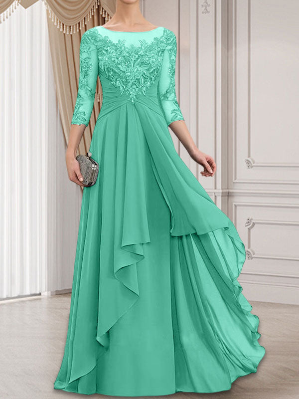 A-Linie, U-Ausschnitt, Illusion, bodenlanges Chiffon-Kleid für die Brautmutter mit kaskadierenden Rüschen
