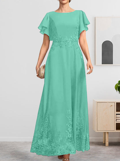 Vestido de gasa con encaje y lentejuelas para madre de la novia, corte A, escote redondo hasta los tobillos