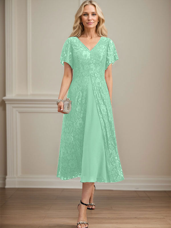 A-Linie V-Ausschnitt Wadenlanges Chiffon-Kleid für die Brautmutter 
