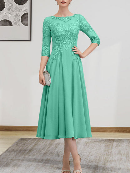 A-Linie, U-Ausschnitt, Illusion, knielang, Chiffon, Spitze, Kleid für die Brautmutter mit Perlen und Pailletten