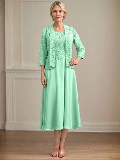 A-Linie U-Ausschnitt Wadenlang Chiffon-Kleid für die Brautmutter 
