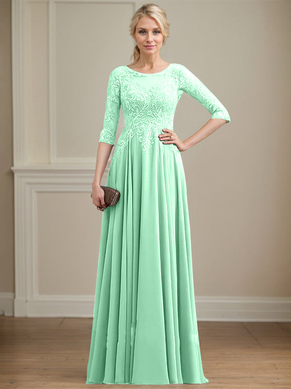 A-Linie, U-Ausschnitt, Illusion, bodenlanges Spitzen-Chiffon-Kleid für die Brautmutter mit Pailletten 