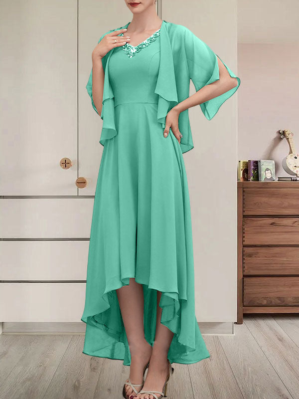 Vestido de gasa asimétrico para madre de la novia con escote en V, corte A y lentejuelas con abalorios