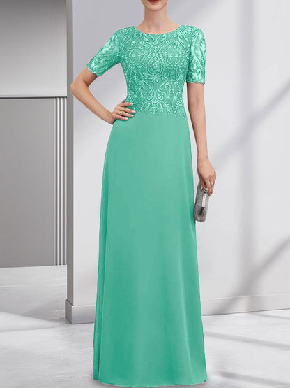 A-Linie U-Ausschnitt Bodenlang Spitzen-Chiffon-Kleid für die Brautmutter mit Pailletten