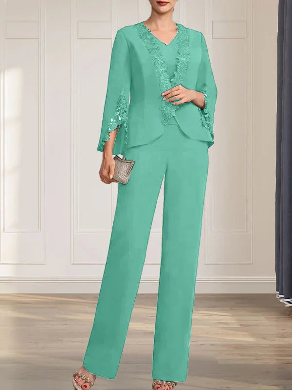 جمبسوت/بدلة بنطلون منفصلة برقبة على شكل حرف V وطول الأرض من الشيفون فستان أم العروس