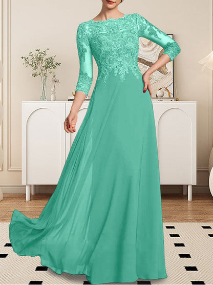 A-Linie U-Ausschnitt Bodenlang Spitzen-Chiffon-Kleid für die Brautmutter mit Pailletten