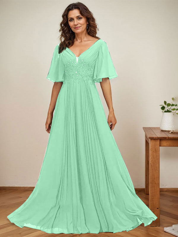 A-Linie V-Ausschnitt Bodenlang Chiffon Mutter der Braut Kleid Mit Pailletten Applikationen Spitze Plissee 
