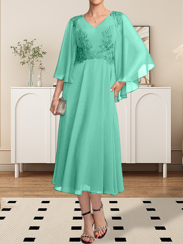 A-Linie, V-Ausschnitt, knielang, Chiffon, Spitze, Kleid für die Brautmutter mit Perlen und Pailletten