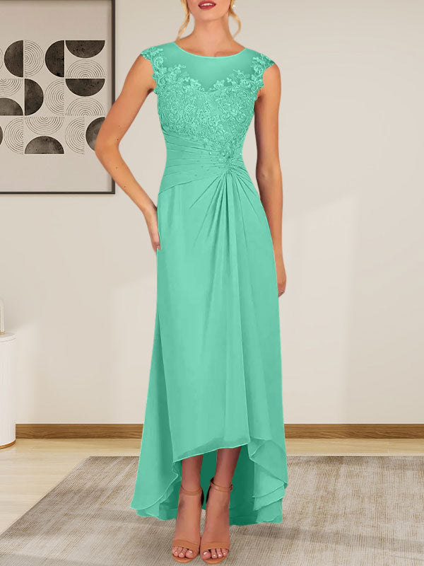 Champagne A-Line Scoop Lace Chiffon Dress
