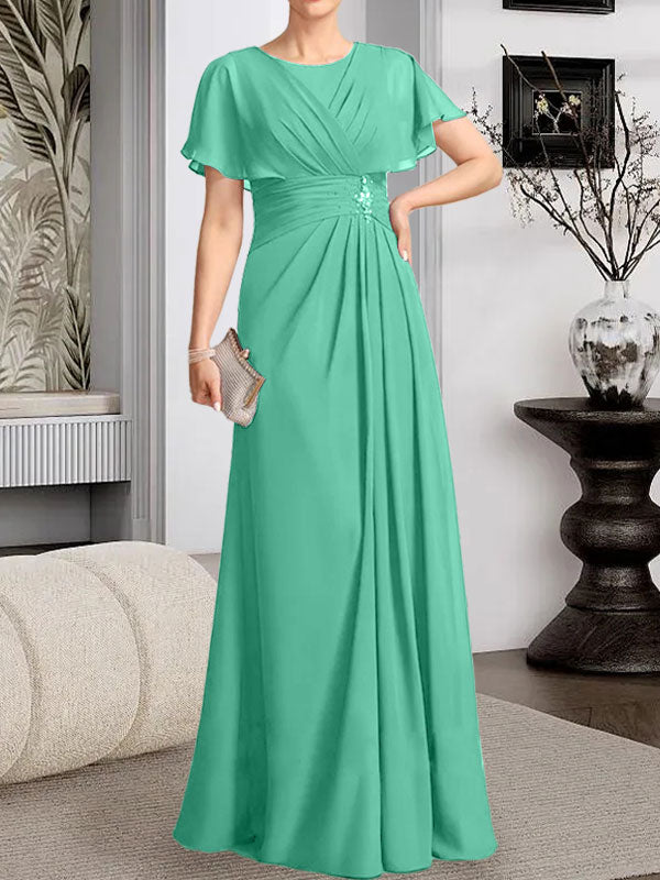Robe de mère de la mariée en mousseline, longueur au sol, en ligne A, décolleté arrondi, ornée de perles plissées