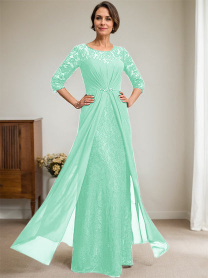 A-Linie U-Ausschnitt Illusion Bodenlang Spitzen Chiffon Mutter der Braut Kleid mit Perlenbesatz Rüschen 
