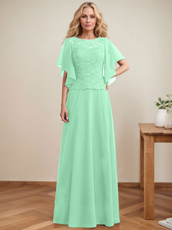 A-Linie, U-Ausschnitt, Illusion, bodenlanges Spitzen-Chiffon-Kleid für die Brautmutter mit Pailletten 