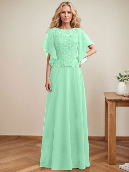 A-Linie, U-Ausschnitt, Illusion, bodenlanges Spitzen-Chiffon-Kleid für die Brautmutter mit Pailletten 