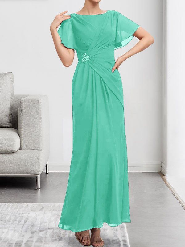 Robe de mère de la mariée en mousseline, longueur cheville, en ligne A, encolure dégagée, ornée de perles et plissée