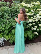 Blue A Line V Neck Beaded Back Tie Long Prom Dress
