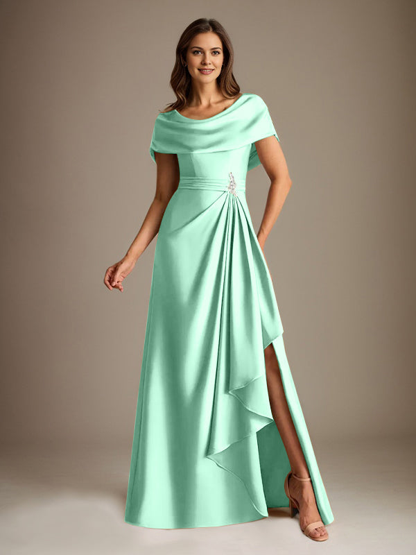 Robe de mère de la mariée en satin extensible, longueur au sol, coupe en A avec encolure dégagée et volants en cascade