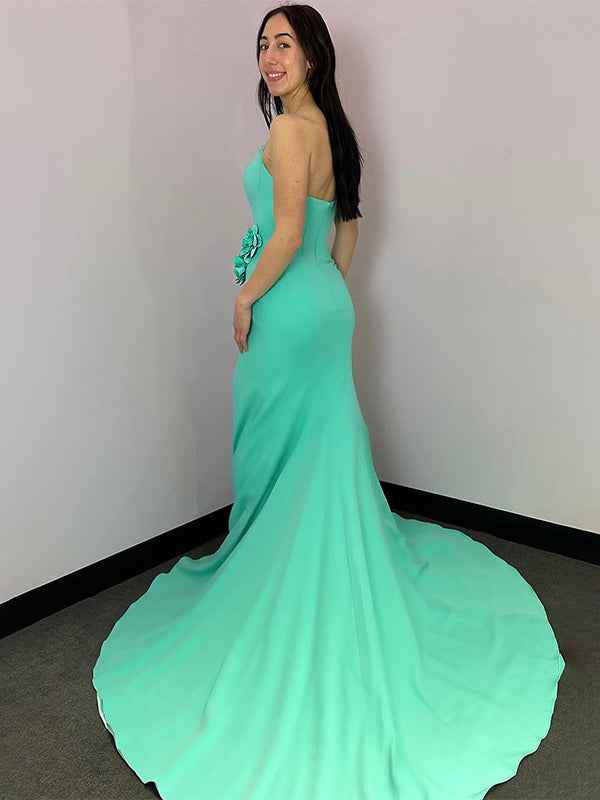 Mint Green Strapless Satin Mermaid Long Prom Dress With Slit